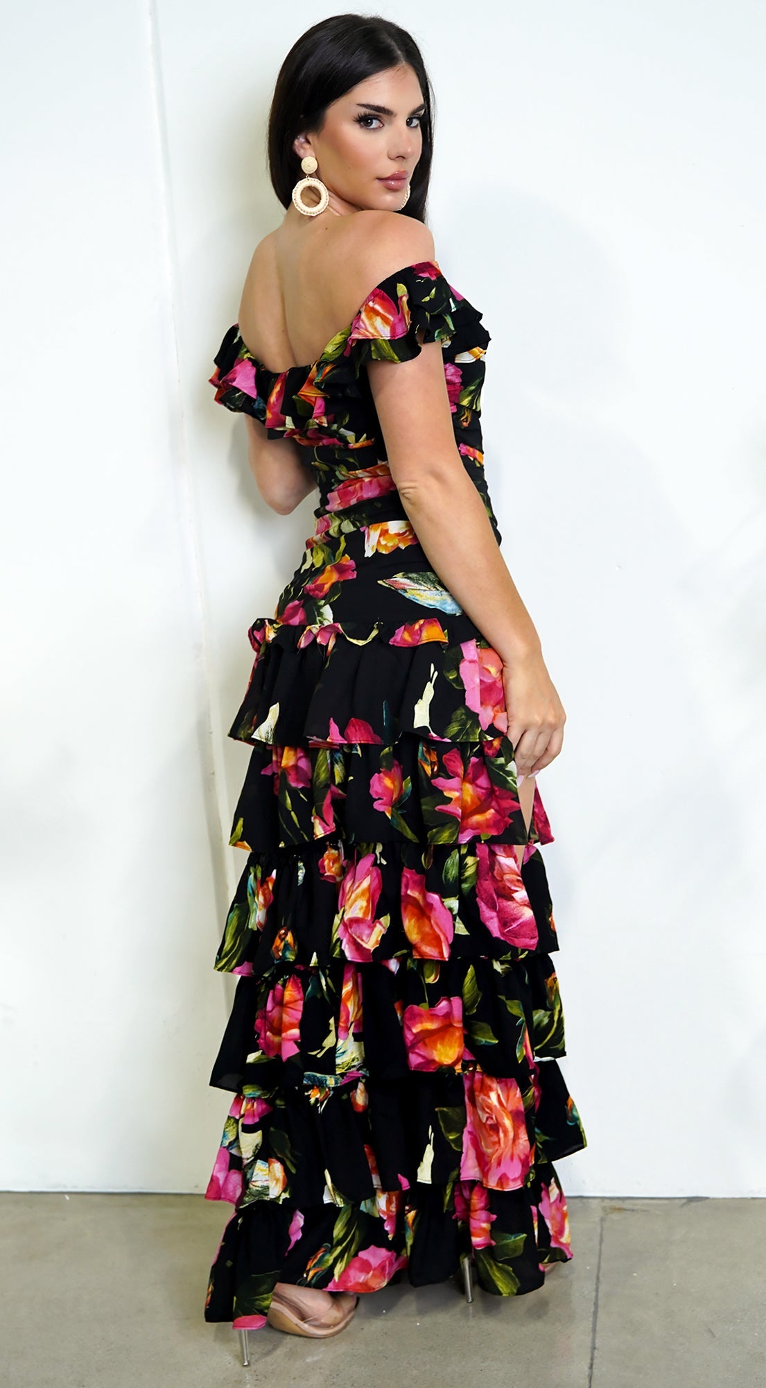 Black Floral Off Shoulder Ruffle Tier Maxi Dress