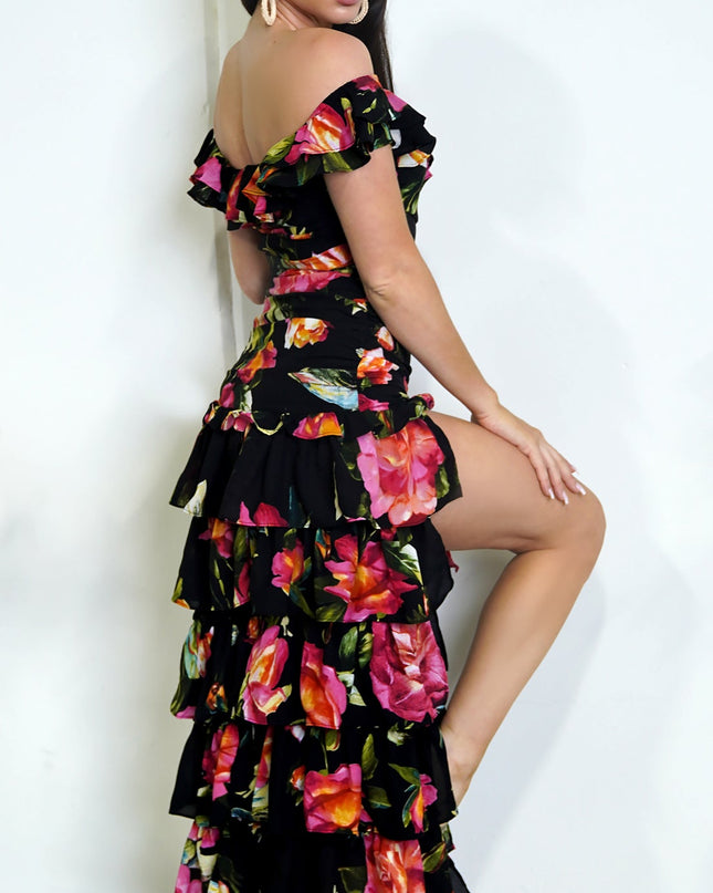 Black Floral Off Shoulder Ruffle Tier Maxi Dress