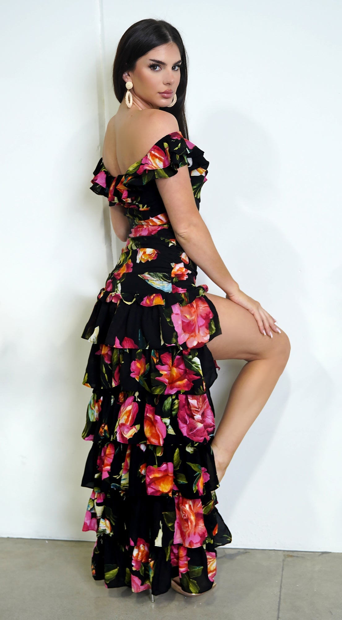 Black Floral Off Shoulder Ruffle Tier Maxi Dress