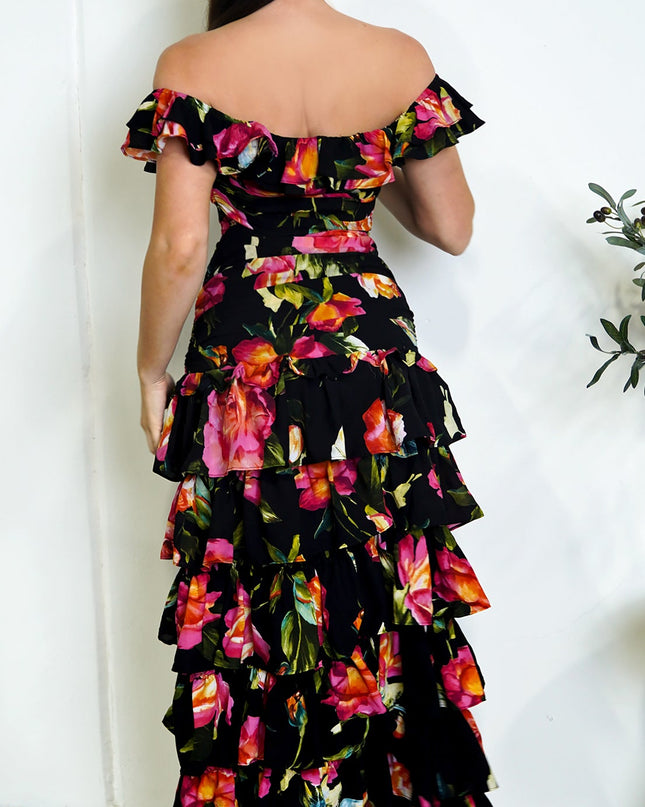 Black Floral Off Shoulder Ruffle Tier Maxi Dress