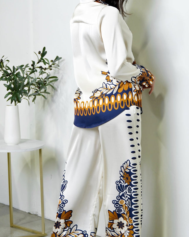 Cream Floral Print Satin Set