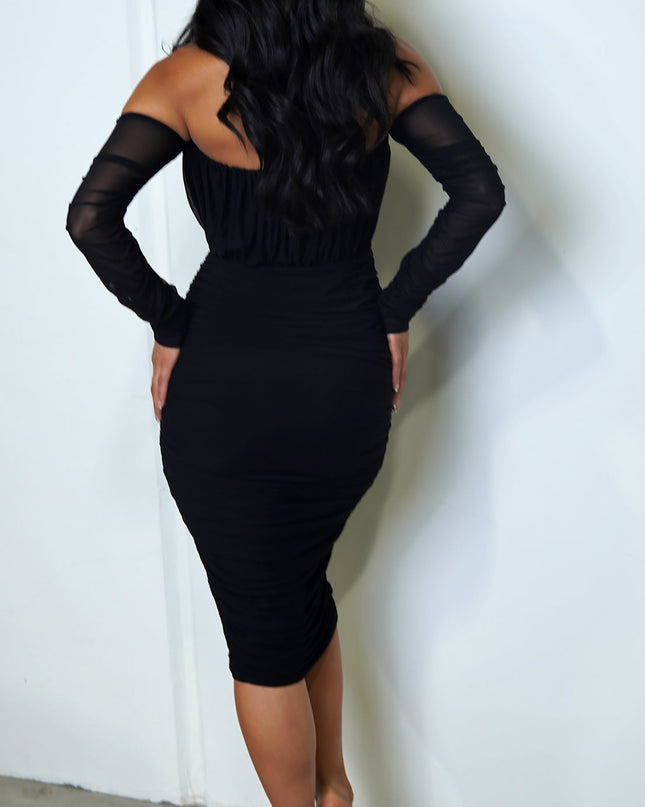 Black Mesh Long Sleeve Ruched Midi Dress