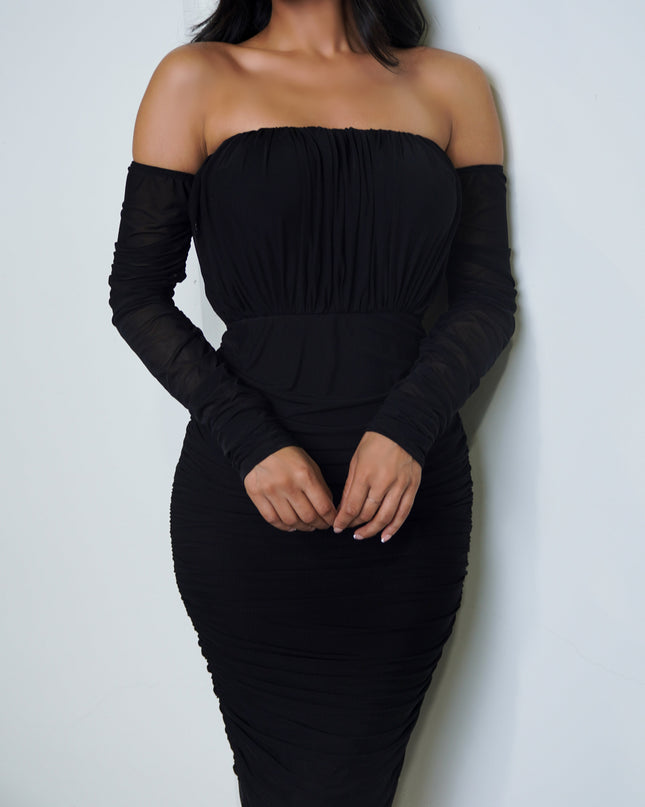 Black Mesh Long Sleeve Ruched Midi Dress