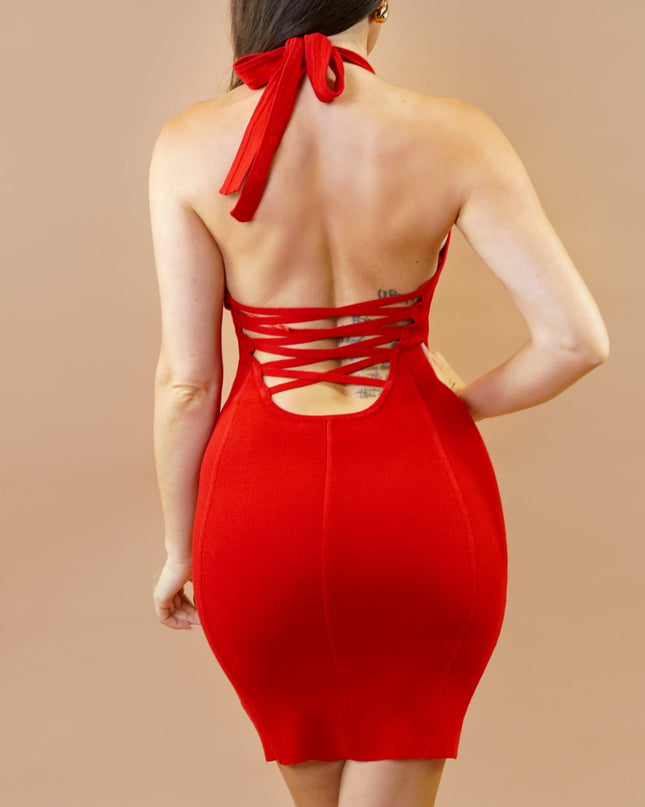 Red Knit Halter Neck Mini Dress