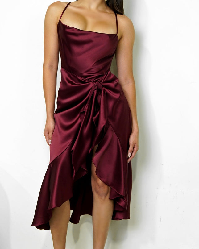 Burgundy Satin Twist Front Midi Dress
