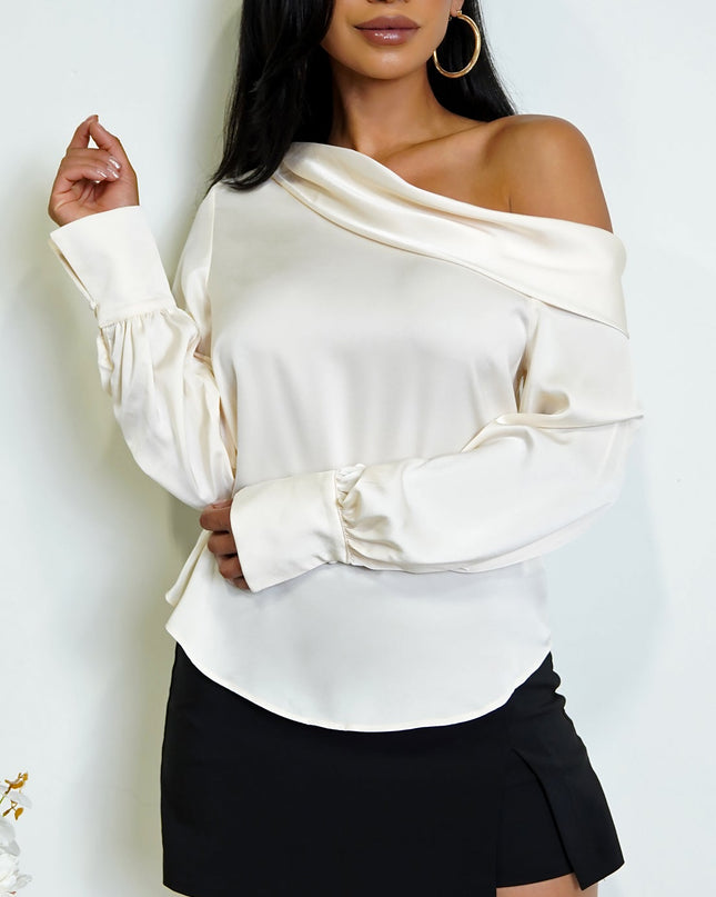 Cream One Shoulder Satin Top