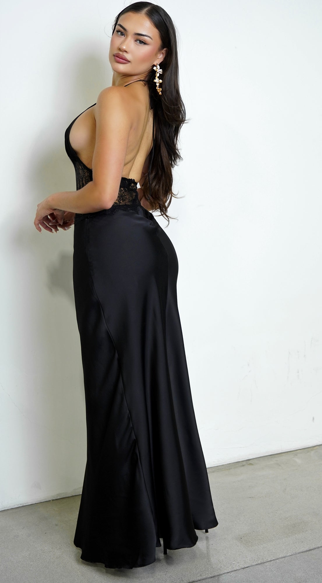 Black Lace Satin Detail Halter Maxi Dress