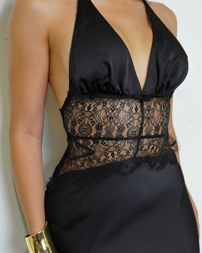 Black Lace Satin Detail Halter Maxi Dress