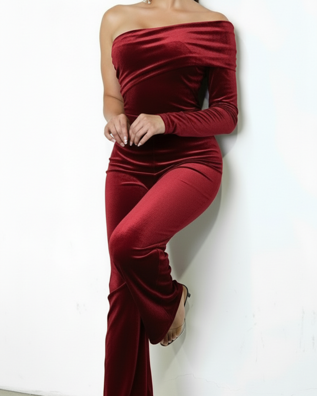 Burgundy One Shoulder Velvet Jumpsuit