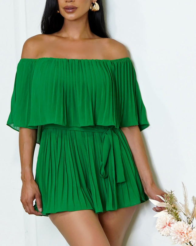 Green Off Shoulder Pleated Romper
