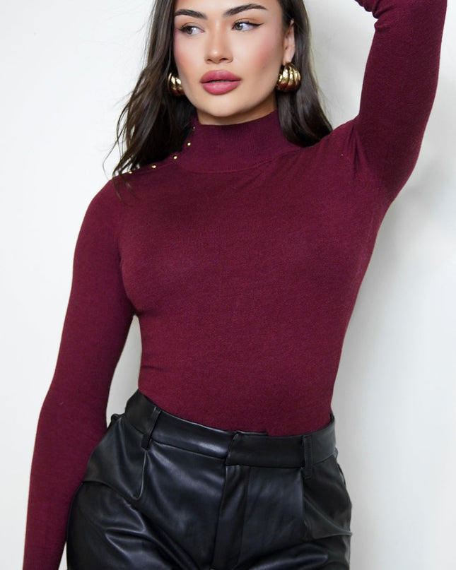 Wine Mock Neck Button Sweater Top