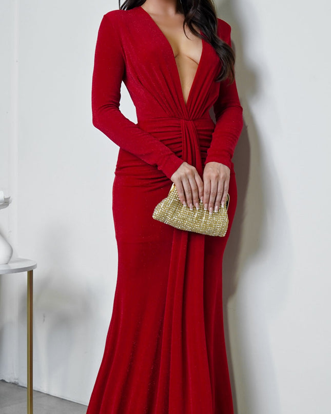 Red Metallic Ruched Deep V Maxi Dress