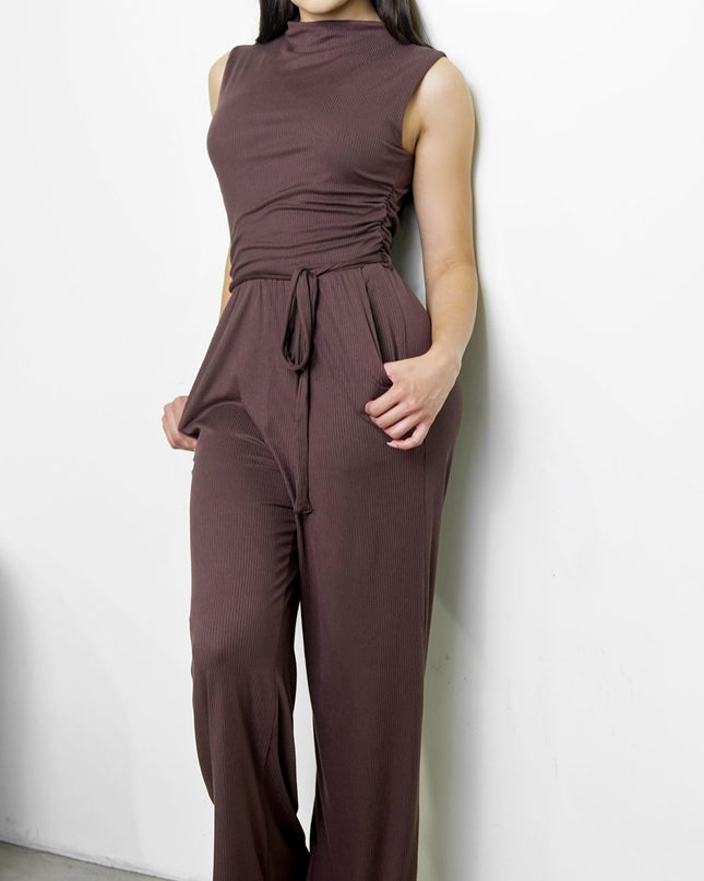 Brown Ribbed Mock Neck Jumpsuit