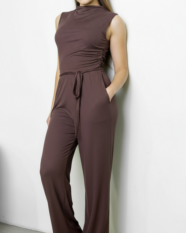 Brown Ribbed Mock Neck Jumpsuit