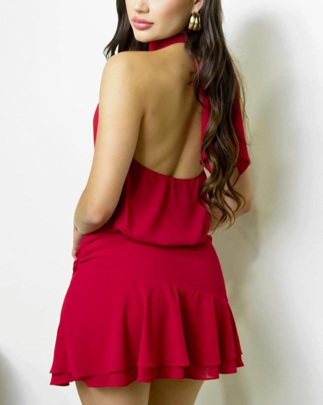 Red Halter Ruffle Mini Dress