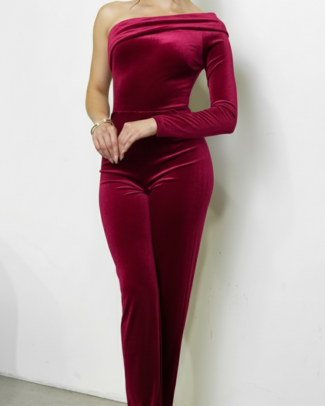 Burgundy One Shoulder Velvet Jumpsuit