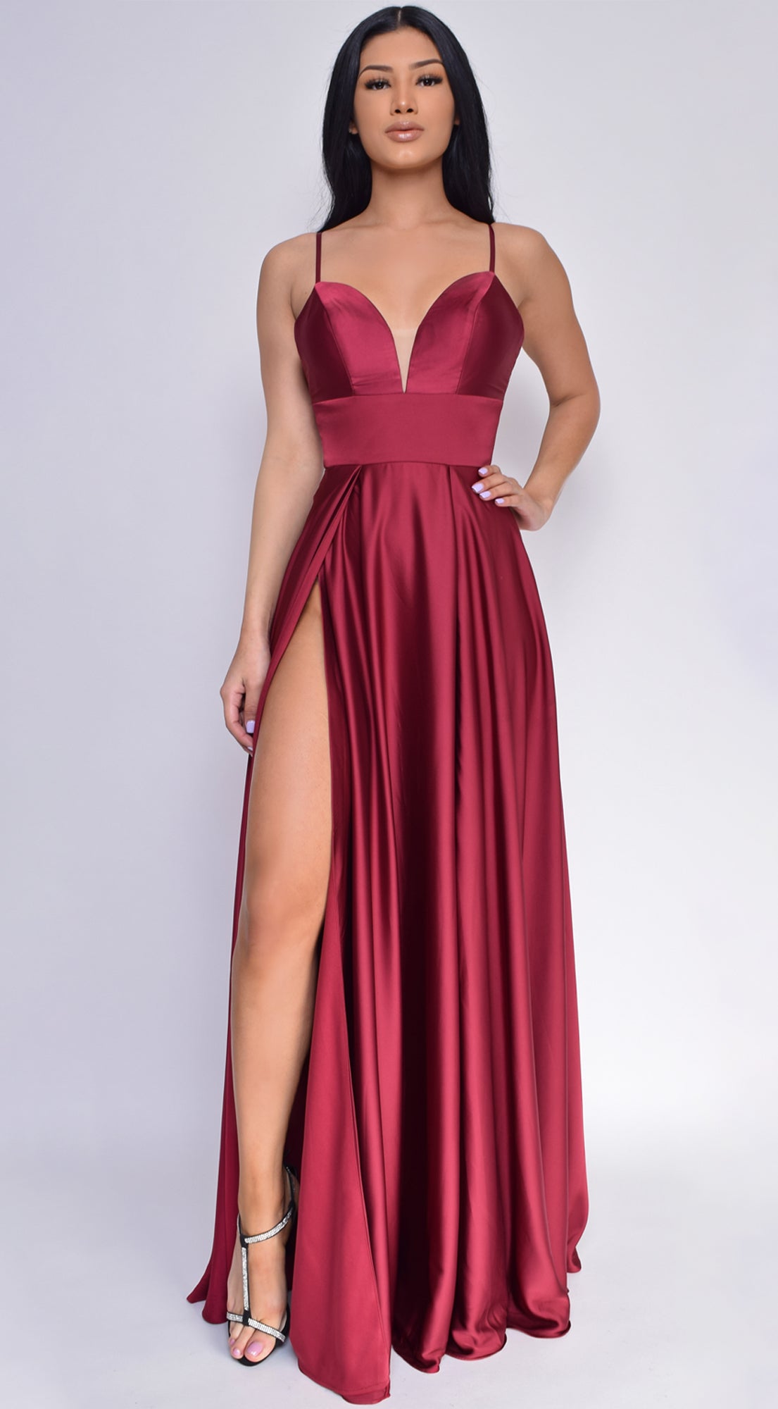 Burgundy Red Double Slit Satin Gown