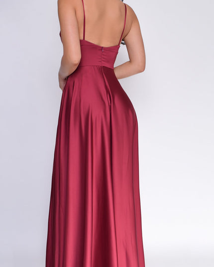 Burgundy Red Double Slit Satin Gown