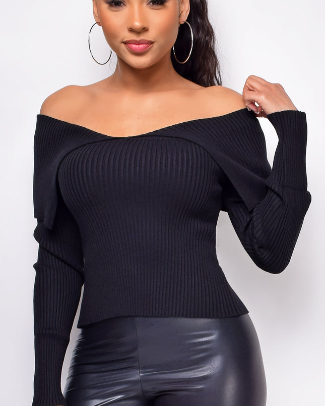 Black Off Shoulder Knit Sweater Top