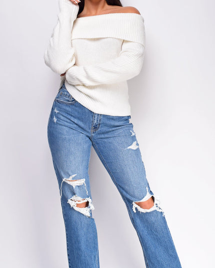 Blue Distressed Relaxed Staright Leg Denim Jeans
