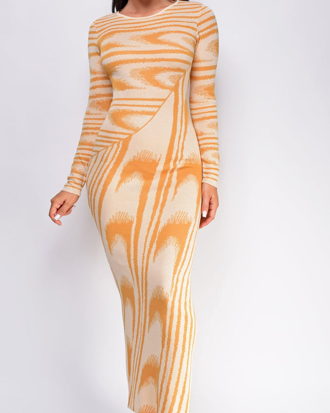 Beige Abstract Print Long Sleeve Maxi Dress