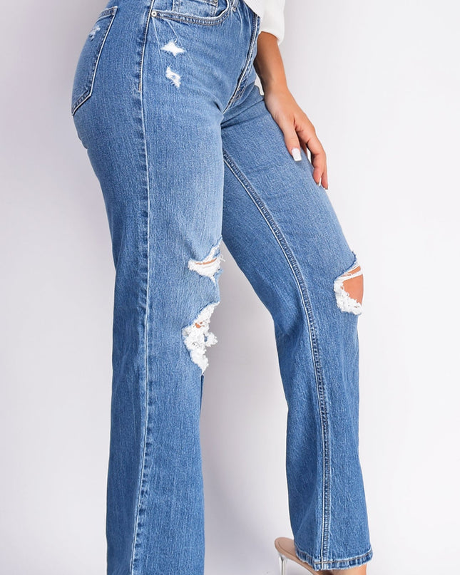 Blue Distressed Relaxed Staright Leg Denim Jeans