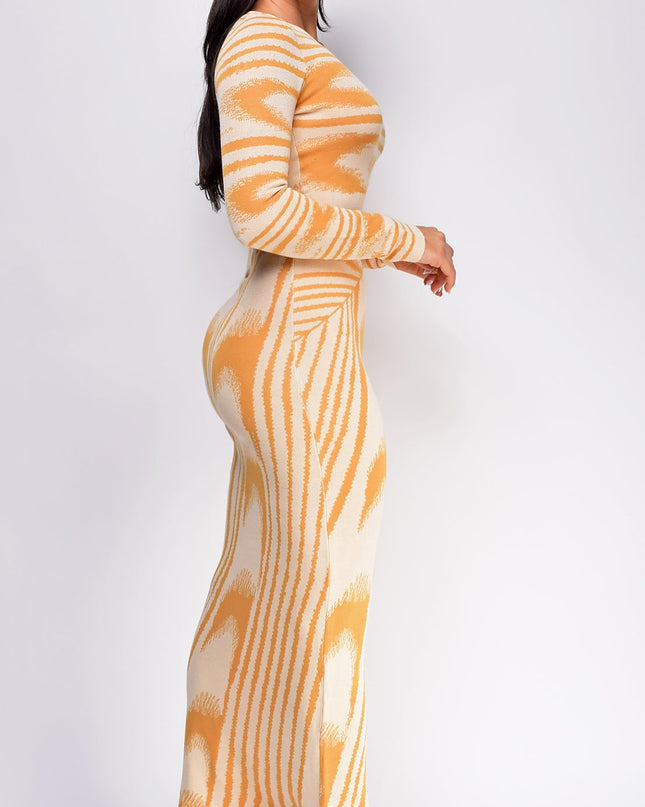 Beige Abstract Print Long Sleeve Maxi Dress