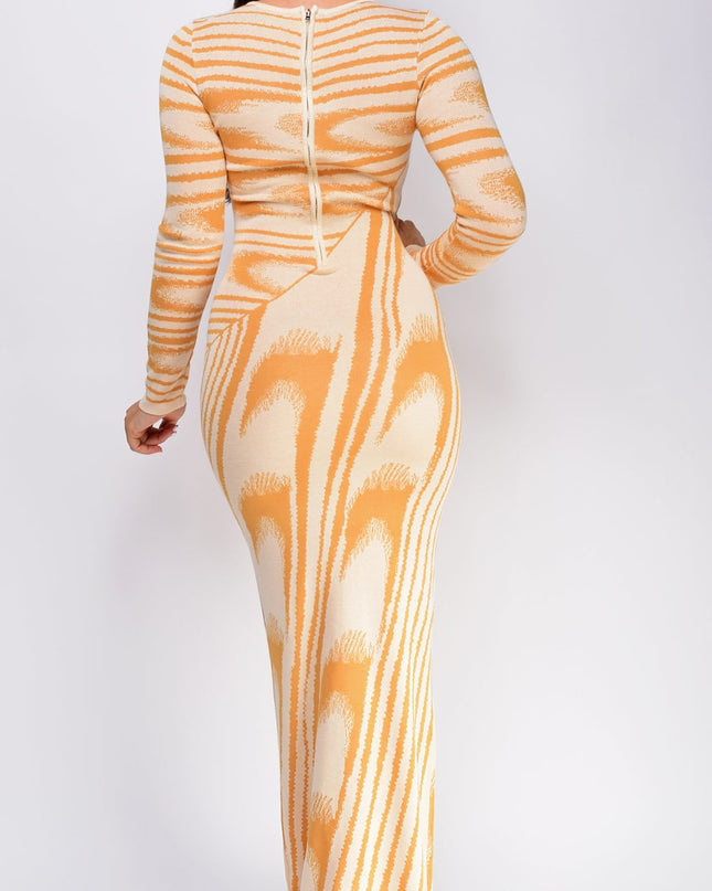 Beige Abstract Print Long Sleeve Maxi Dress