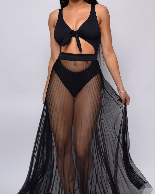 Black Pleated Sheer Tulle Cover-up Skirt