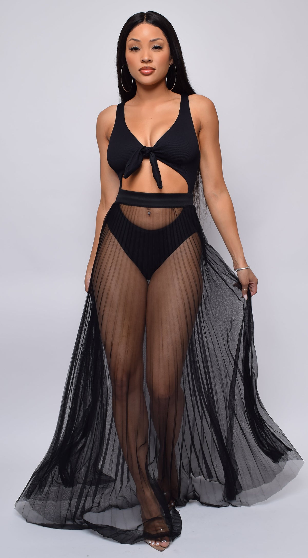Black Pleated Sheer Tulle Cover-up Skirt