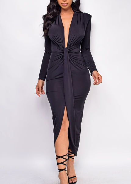 Black Deep Plunge Front Knot Dress