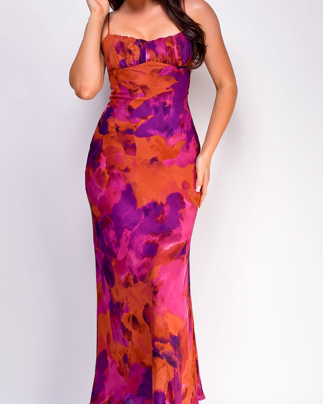 Purple Multicolor Chiffon Print Maxi Dress
