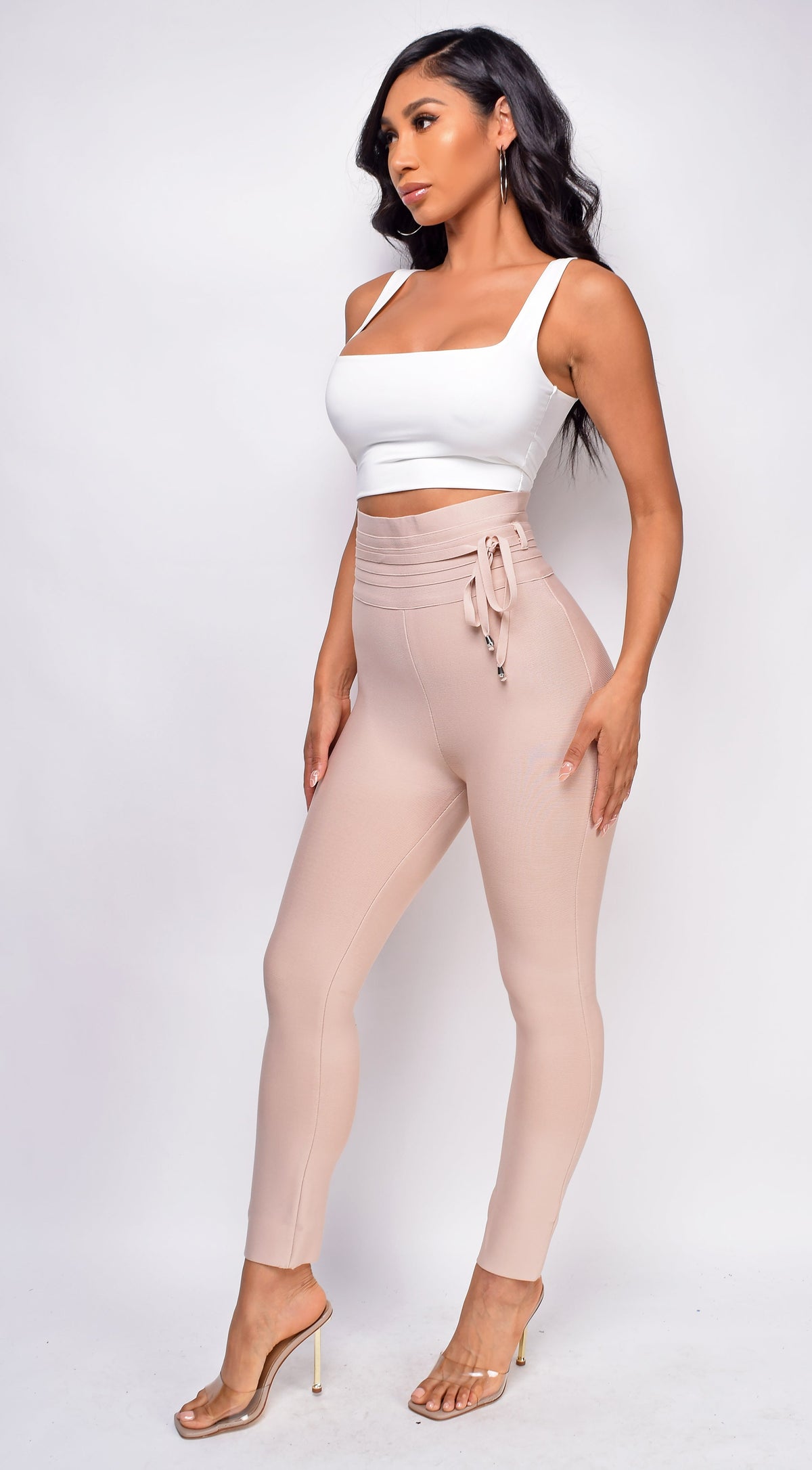 Beige High Waist Belted Bandage Pants