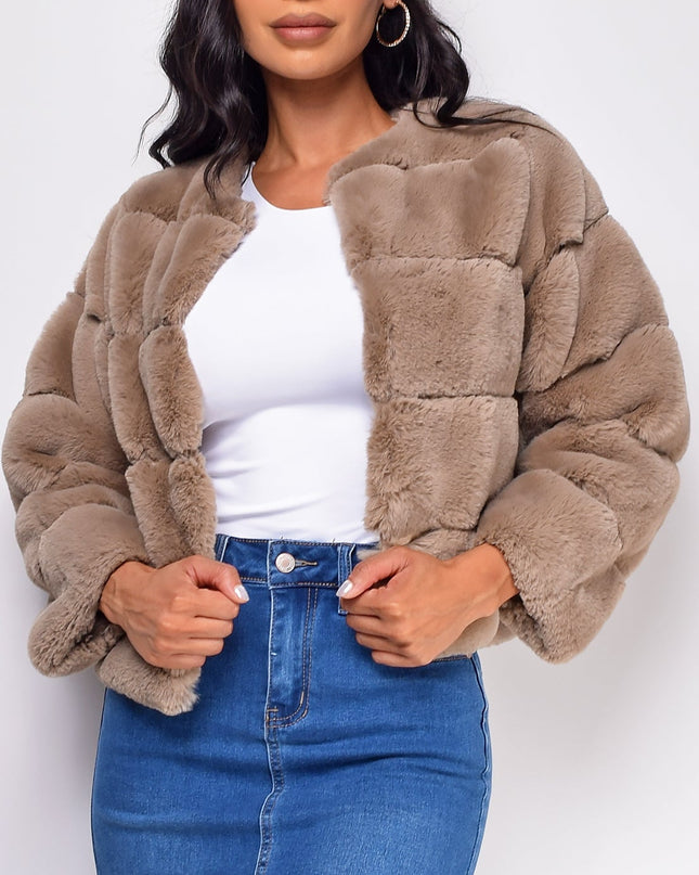 Taupe Brown White Faux Fur Coat