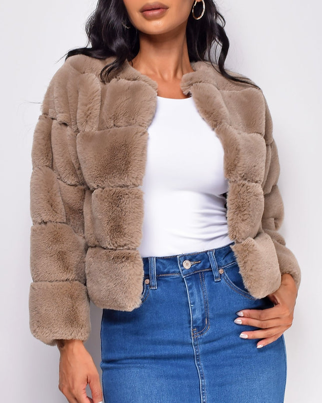 Taupe Brown White Faux Fur Coat