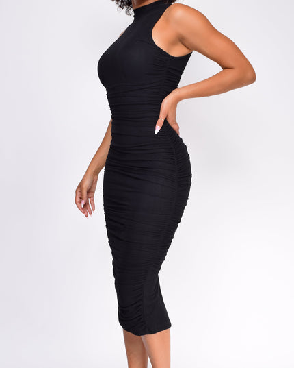 Black High Neck Ruched Midi Dress
