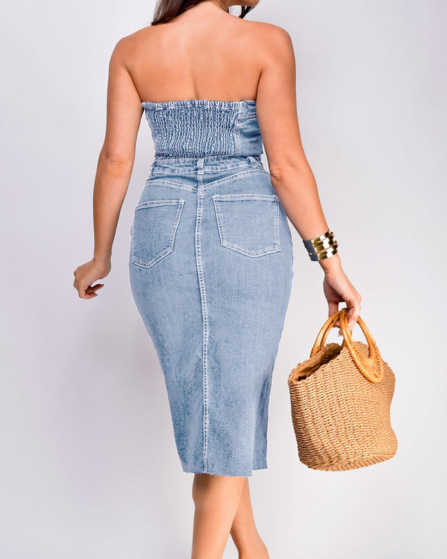 Light Blue Denim Front Slit Midi Dress