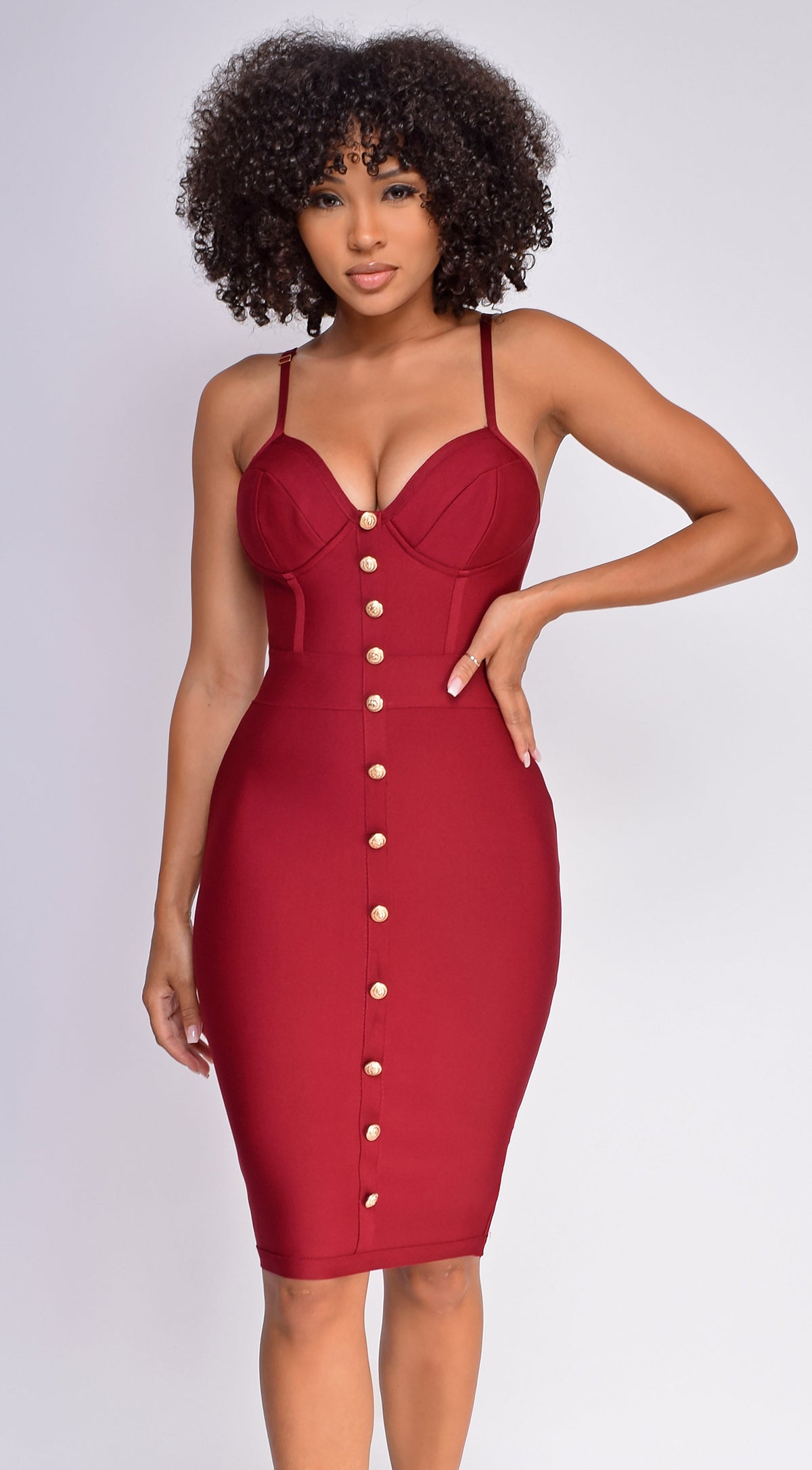 Wine Gold Button Bandage Dress