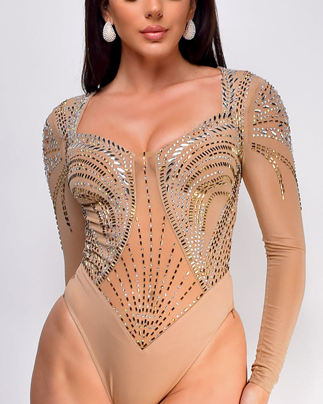 Beige Dalia Rhinestone Bodysuit