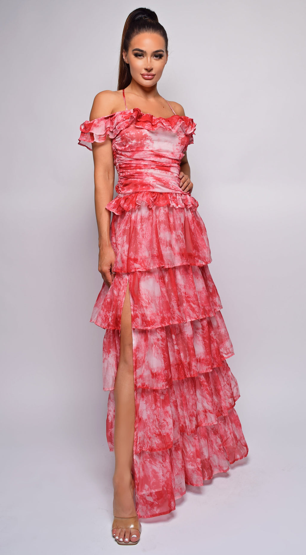 Red Tie Dye Ruffle Side Slit Maxi Dress