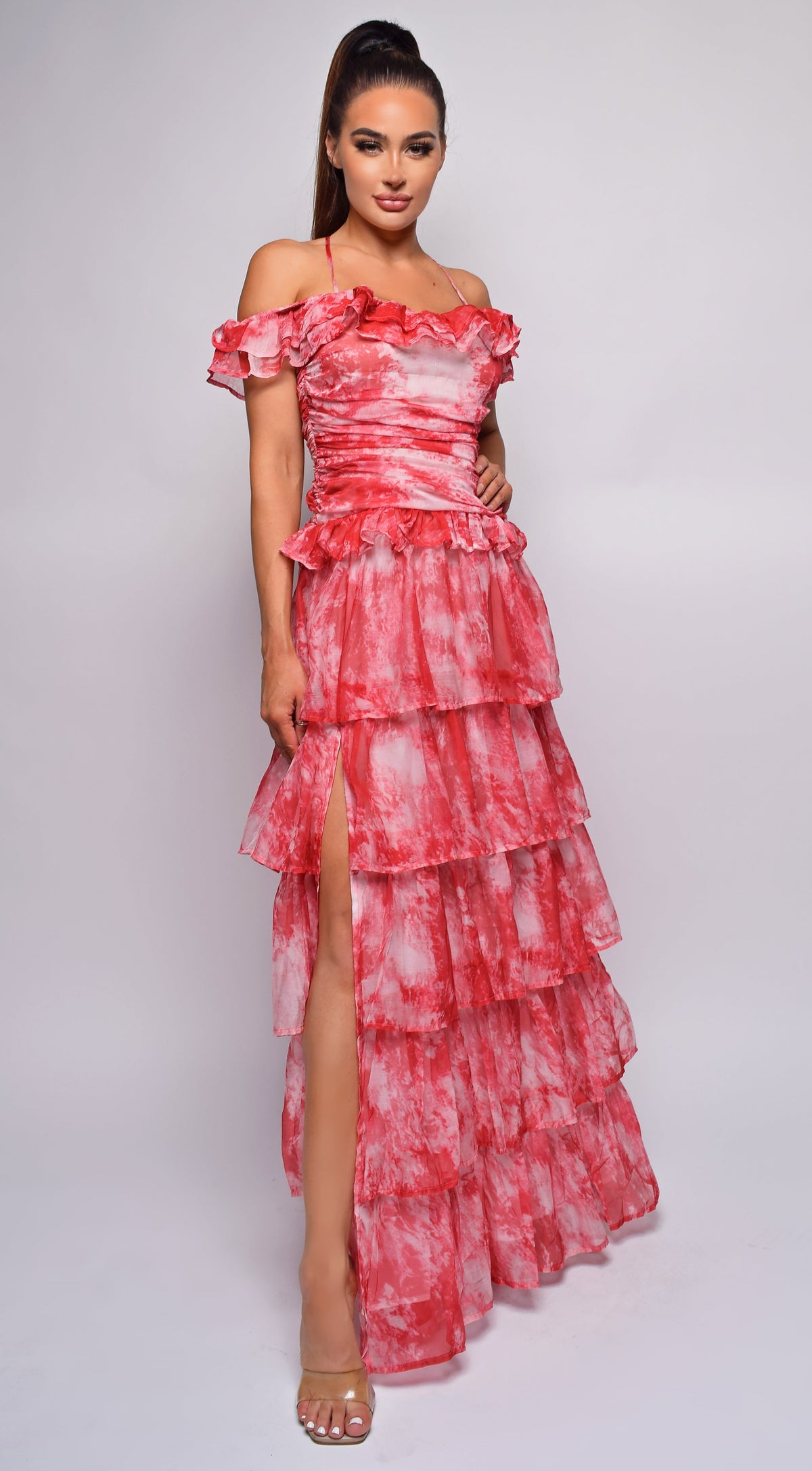 Red Tie Dye Ruffle Side Slit Maxi Dress