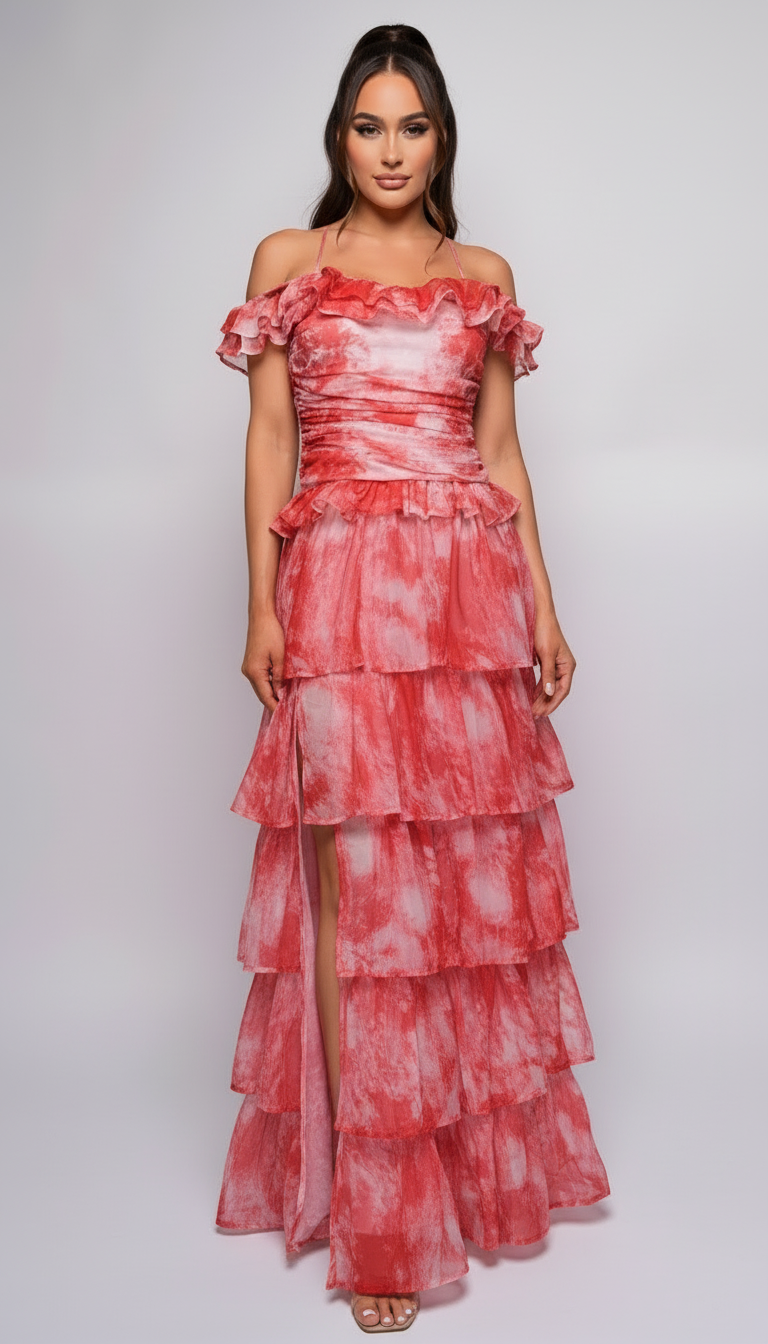 Red Tie Dye Ruffle Side Slit Maxi Dress