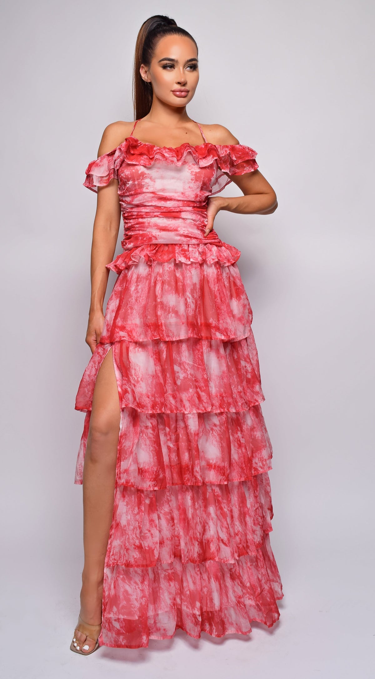 Red Tie Dye Ruffle Side Slit Maxi Dress
