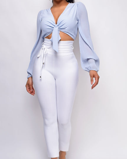 White High Waist Belted Bandage Pants