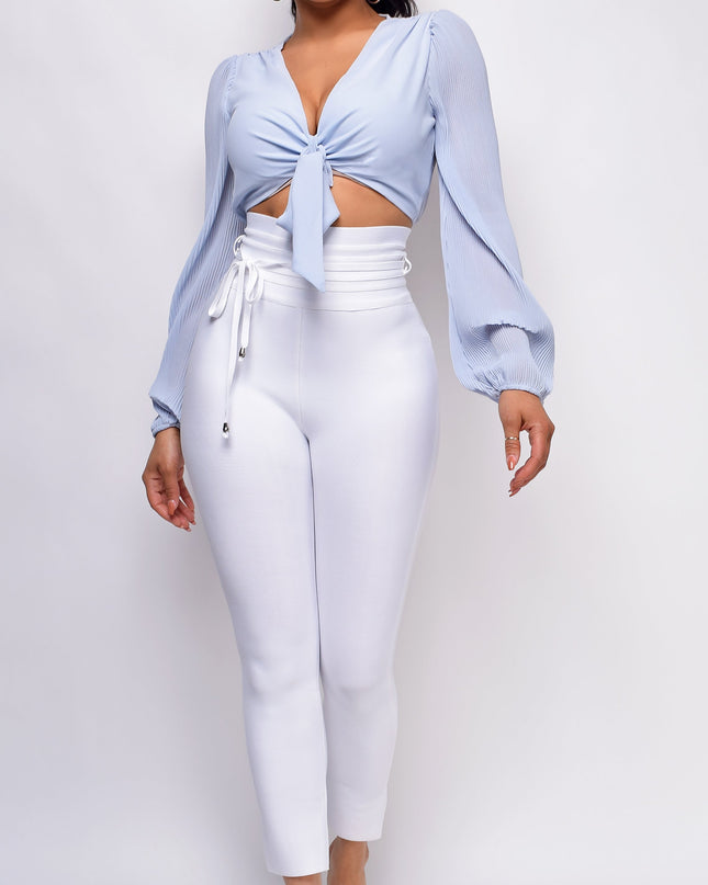 White High Waist Belted Bandage Pants