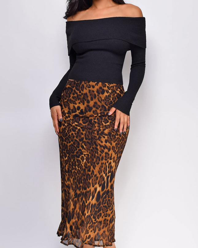 Brown Leopard Print Midi Skirt