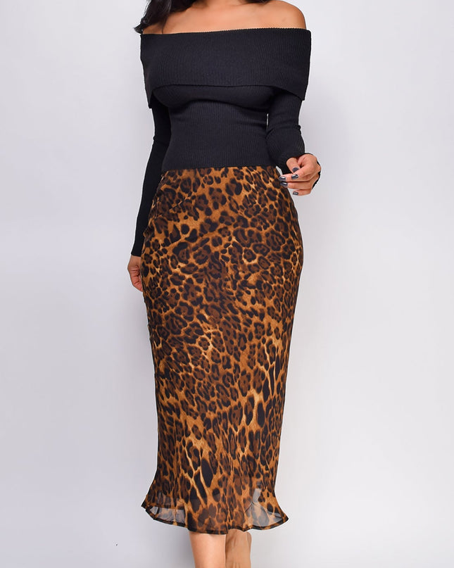 Brown Leopard Print Midi Skirt