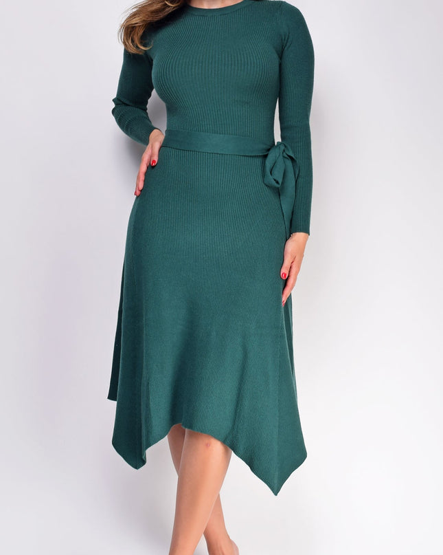 Green Ribbed Flare Sweater Midi Dress