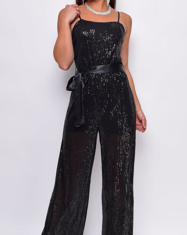 Black Sequin belted Jumpsuit