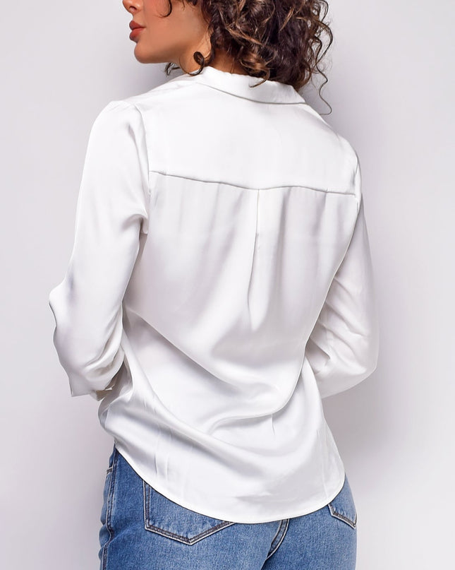 White Satin Button Down Blouse Top